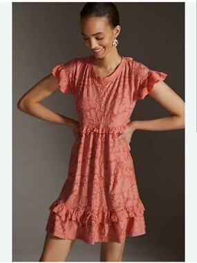Anthropologie Coral boho Ruffle Knit Whimsy Floral Keyhole Mini Dress size S